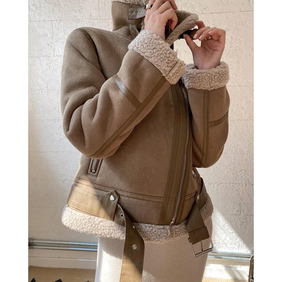 ⚡Women's Brown Faux Shearing Moto Jacket Thick Lined Parka Leather Jacket - Picture 3 of 6